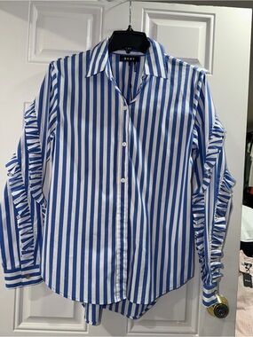 DKNY Blue and White Vertical Stripe Collared Button Shirt